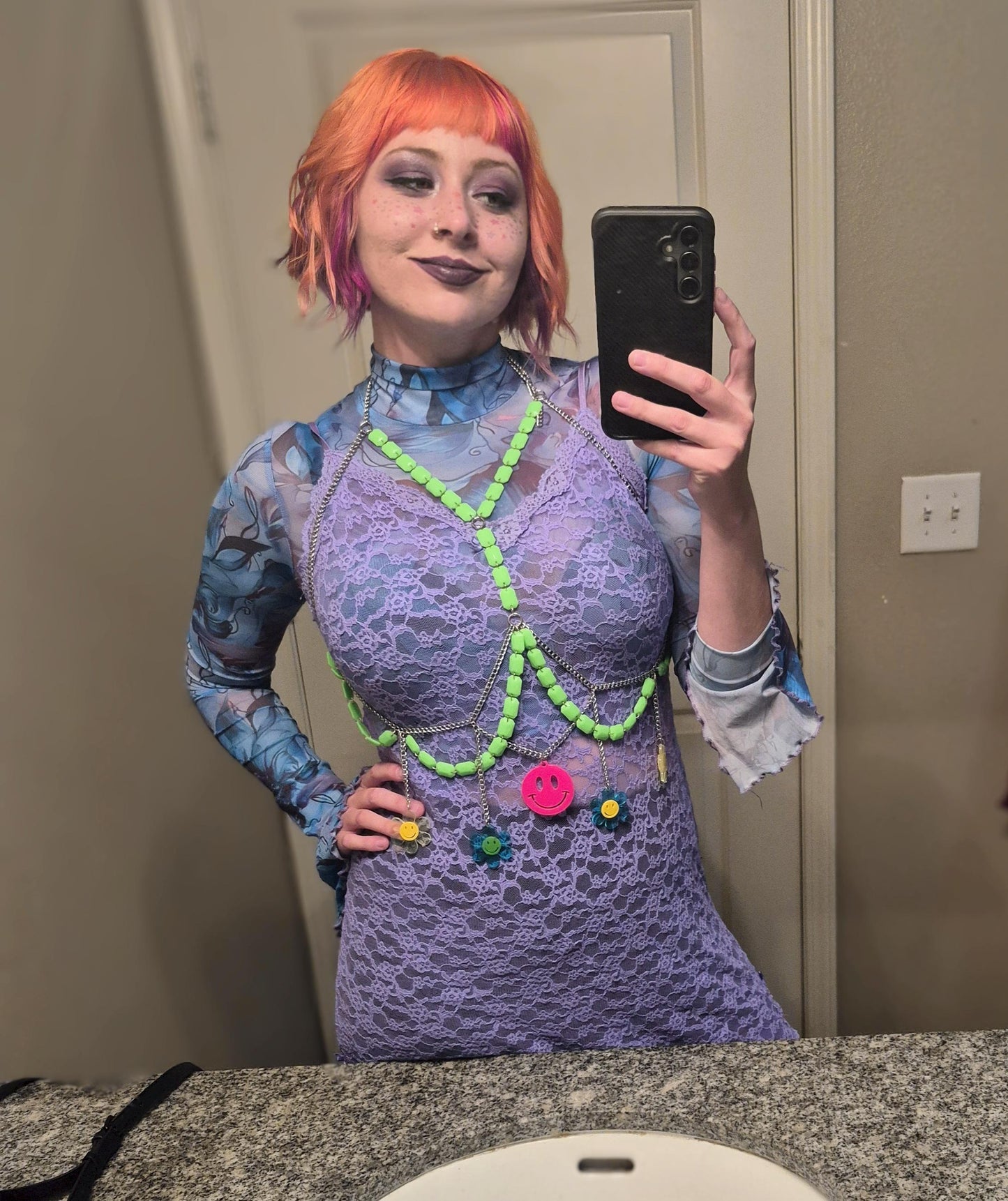 90s inspired rave festival body chain with U/V reactive elements adjustable