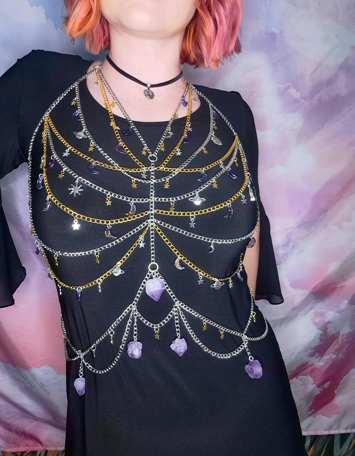 Custom Made Celestial Moonbeam Adjustable Body Chain with real Amethyst