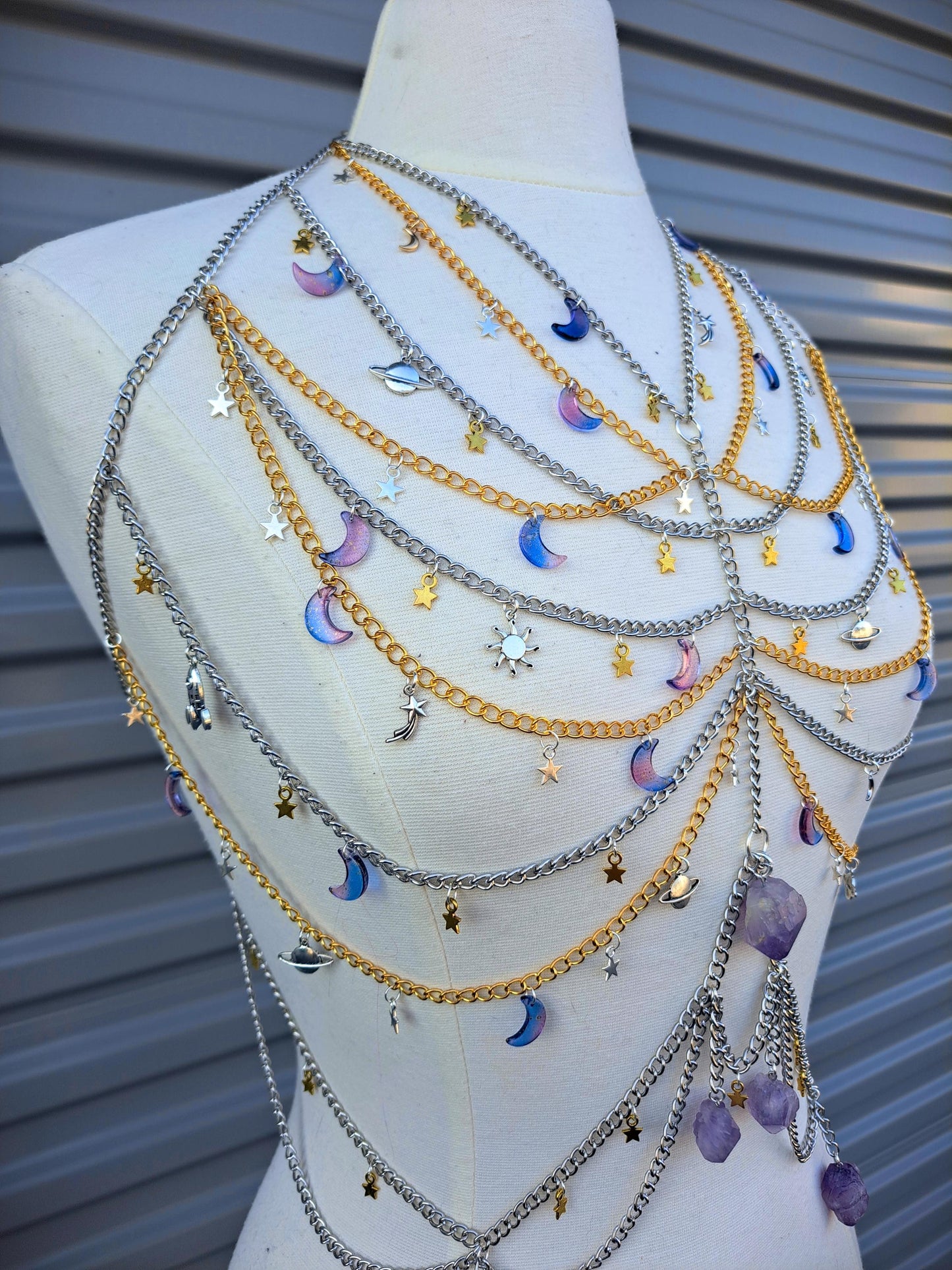 Custom Made Celestial Moonbeam Adjustable Body Chain with real Amethyst