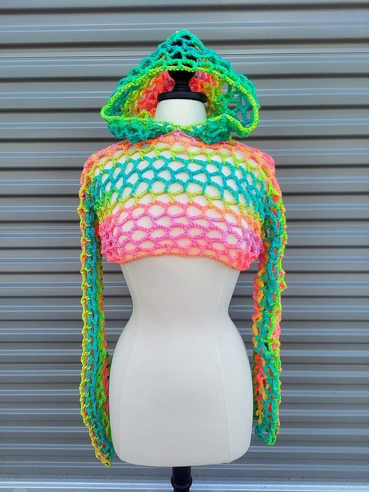 CUSTOM Y2K Mesh Crochet Festival Cropped Hoodie