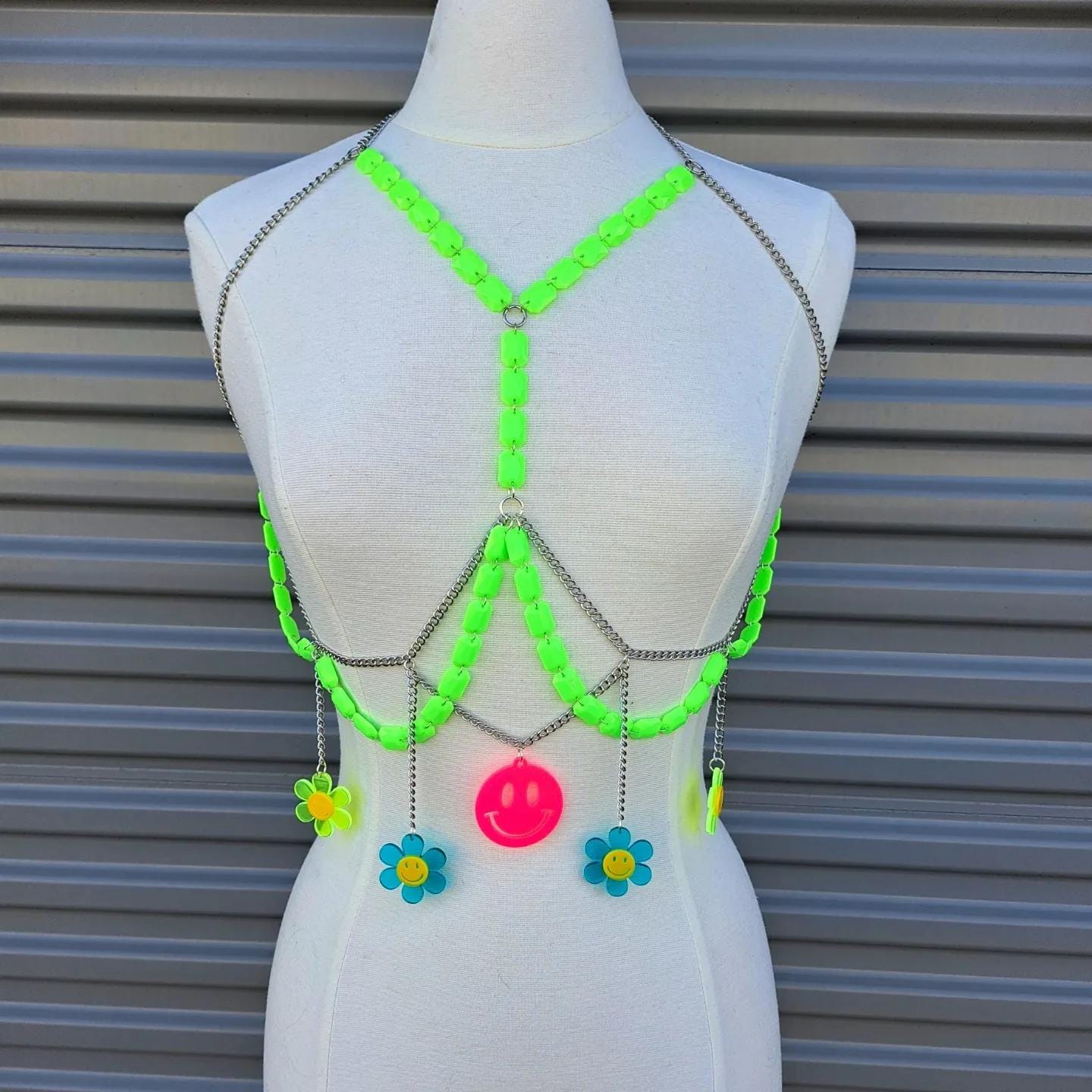 90s inspired rave festival body chain with U/V reactive elements adjustable