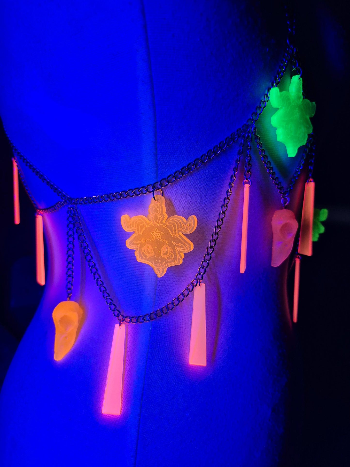 Adjustable Blacklight Reactive Pentagram Goat Head Raven Witchy Body Chain 90's Style