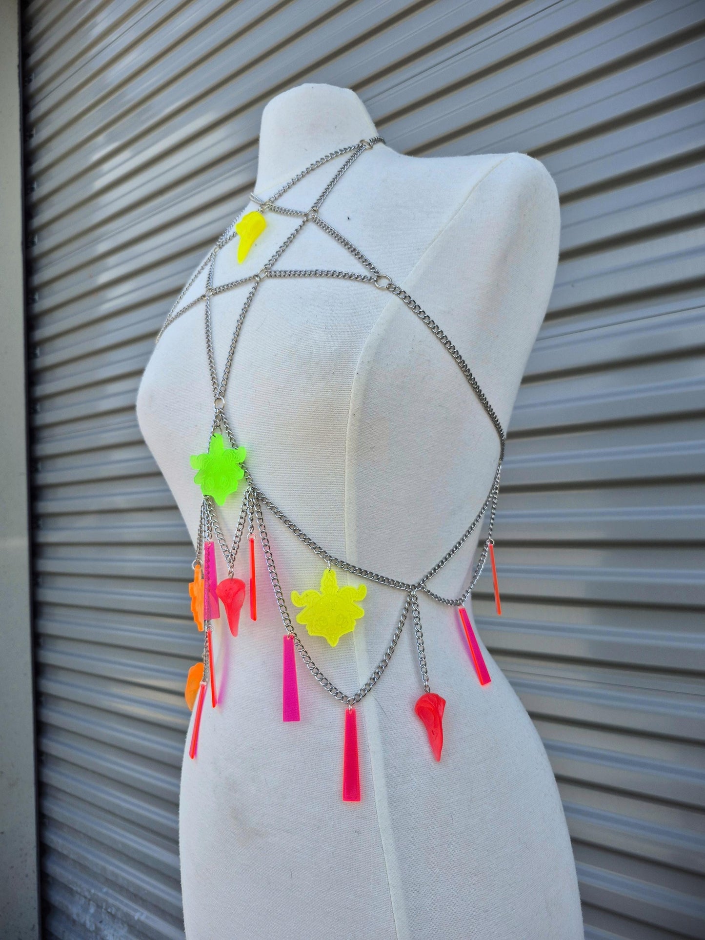 Adjustable Blacklight Reactive Pentagram Goat Head Raven Witchy Body Chain 90's Style