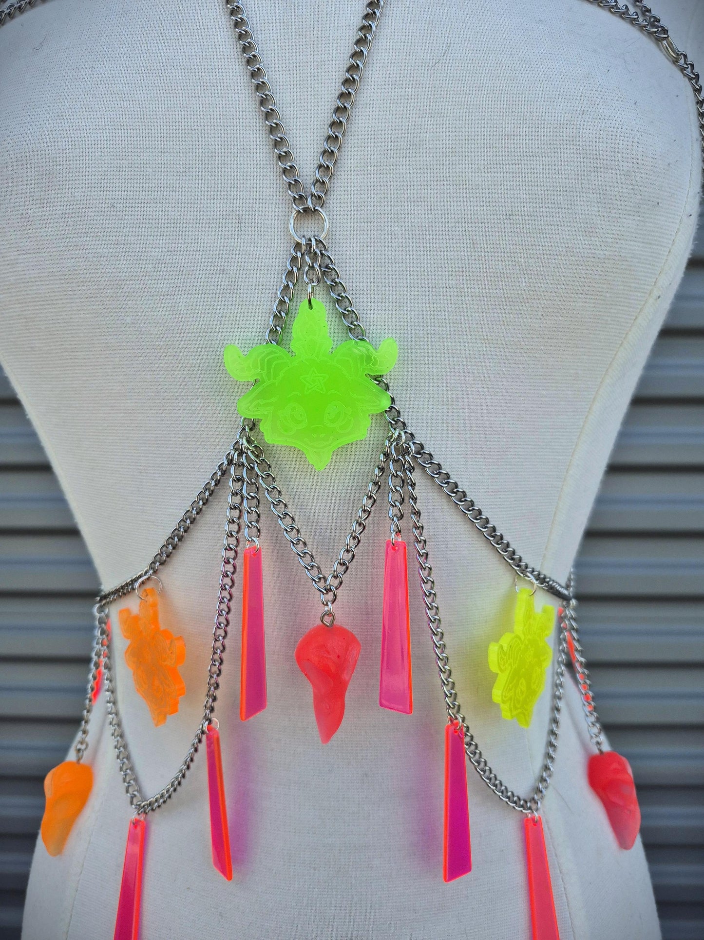 Adjustable Blacklight Reactive Pentagram Goat Head Raven Witchy Body Chain 90's Style