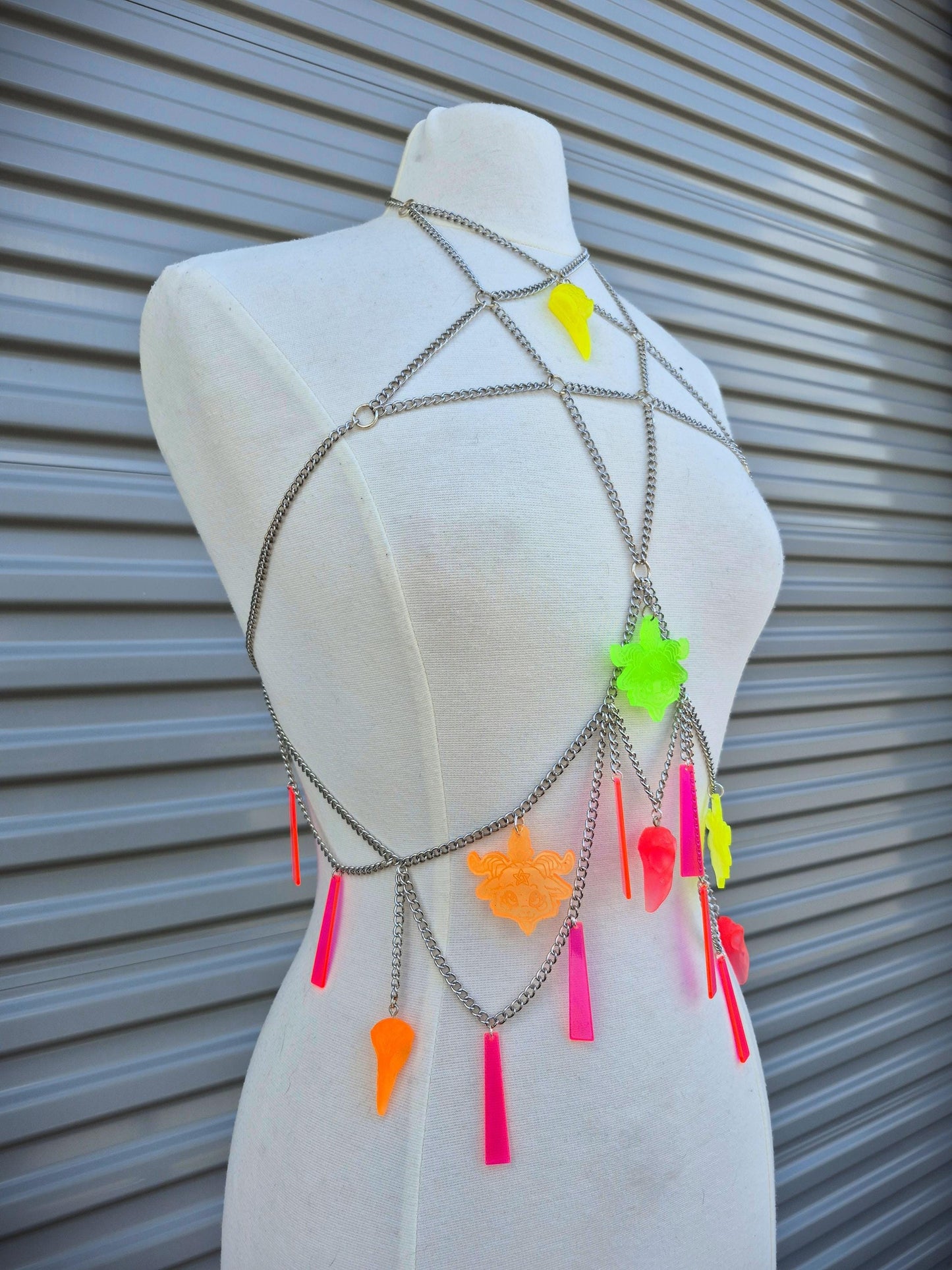 Adjustable Blacklight Reactive Pentagram Goat Head Raven Witchy Body Chain 90's Style