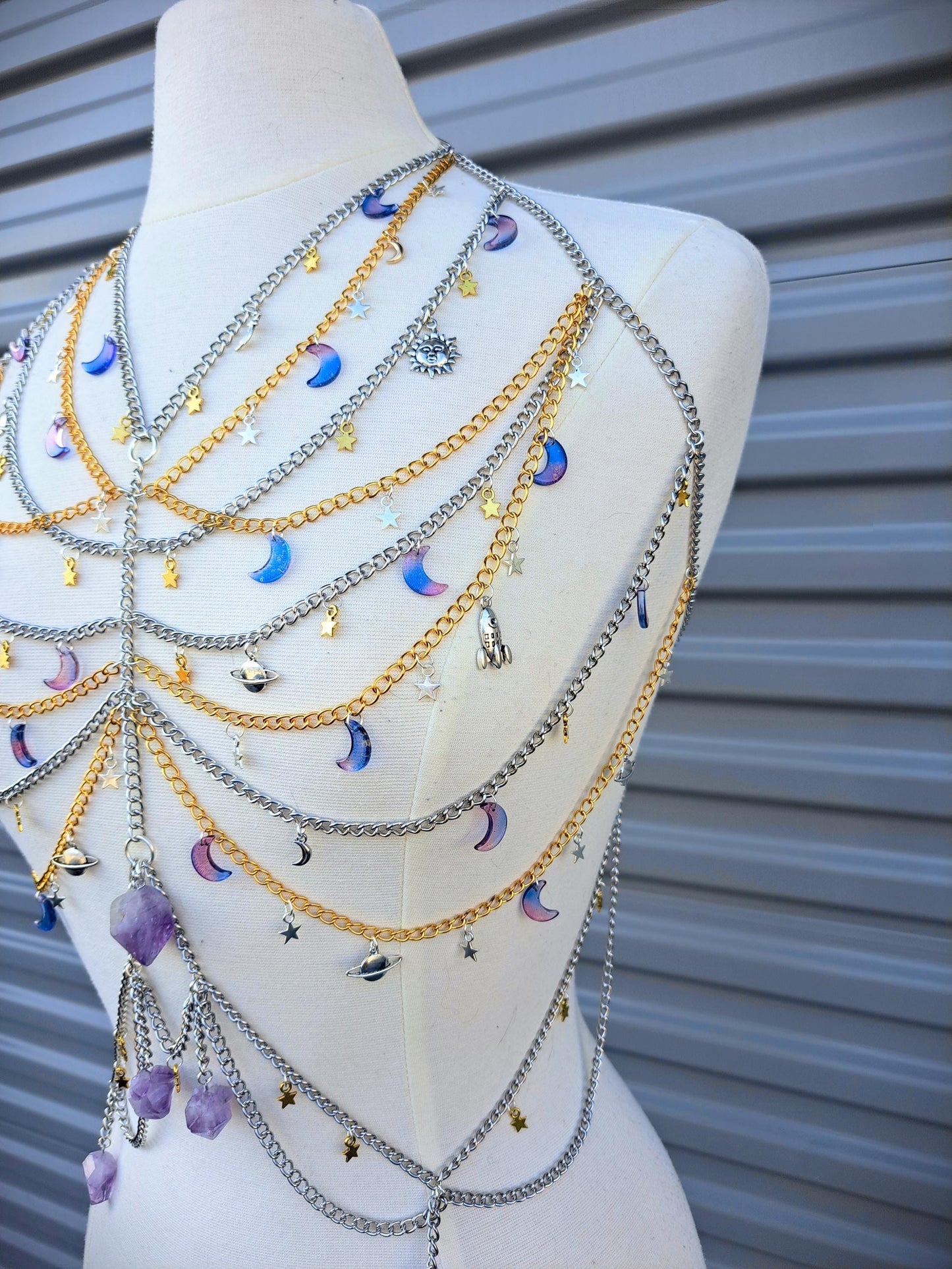Custom Made Celestial Moonbeam Adjustable Body Chain with real Amethyst