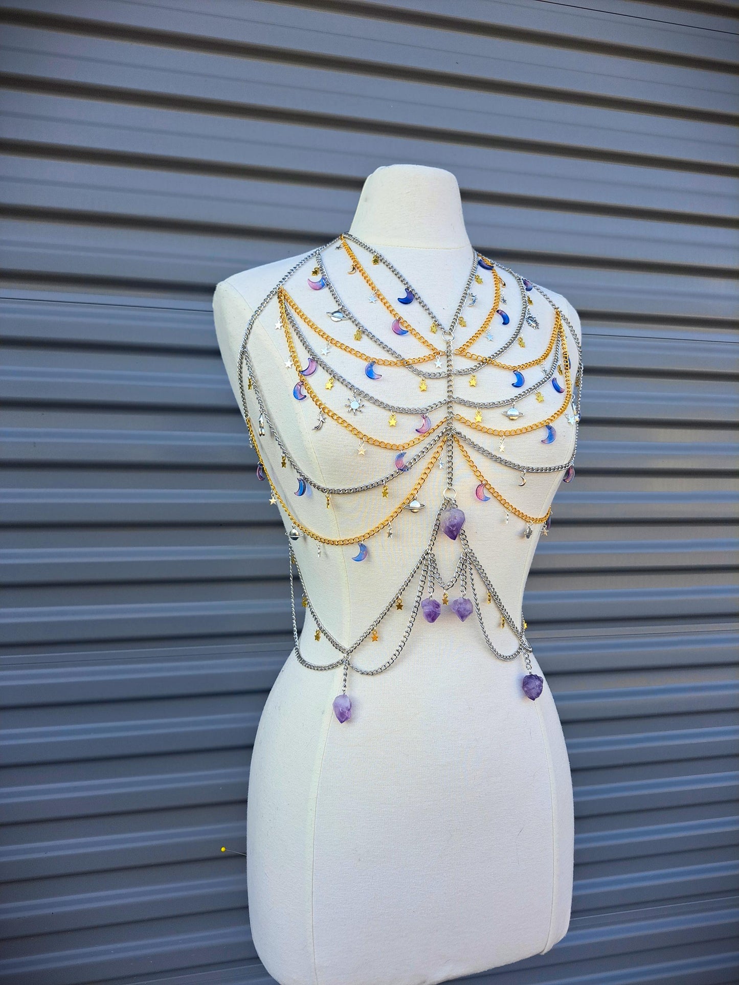 Custom Made Celestial Moonbeam Adjustable Body Chain with real Amethyst
