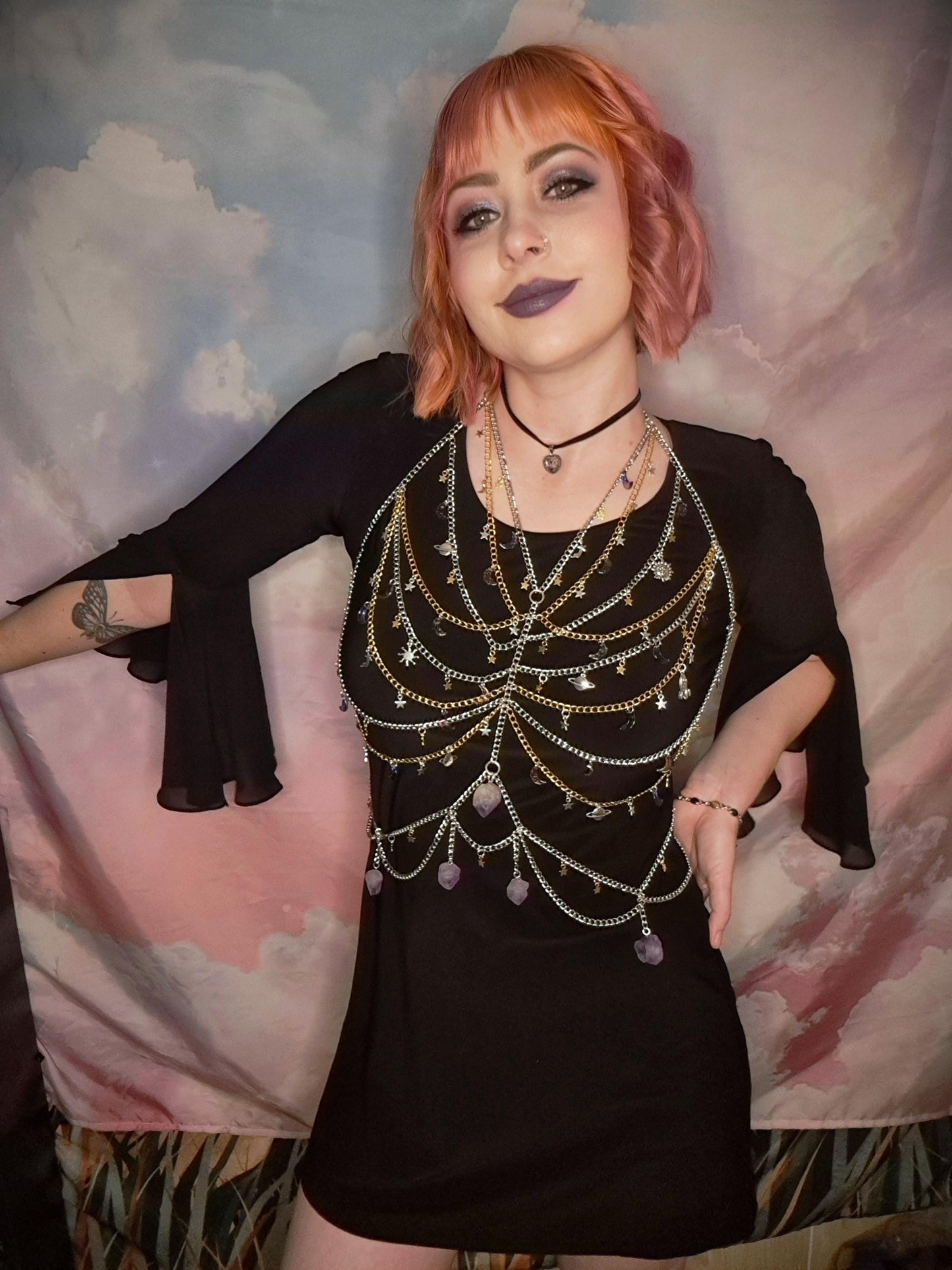 Custom Made Celestial Moonbeam Adjustable Body Chain with real Amethyst