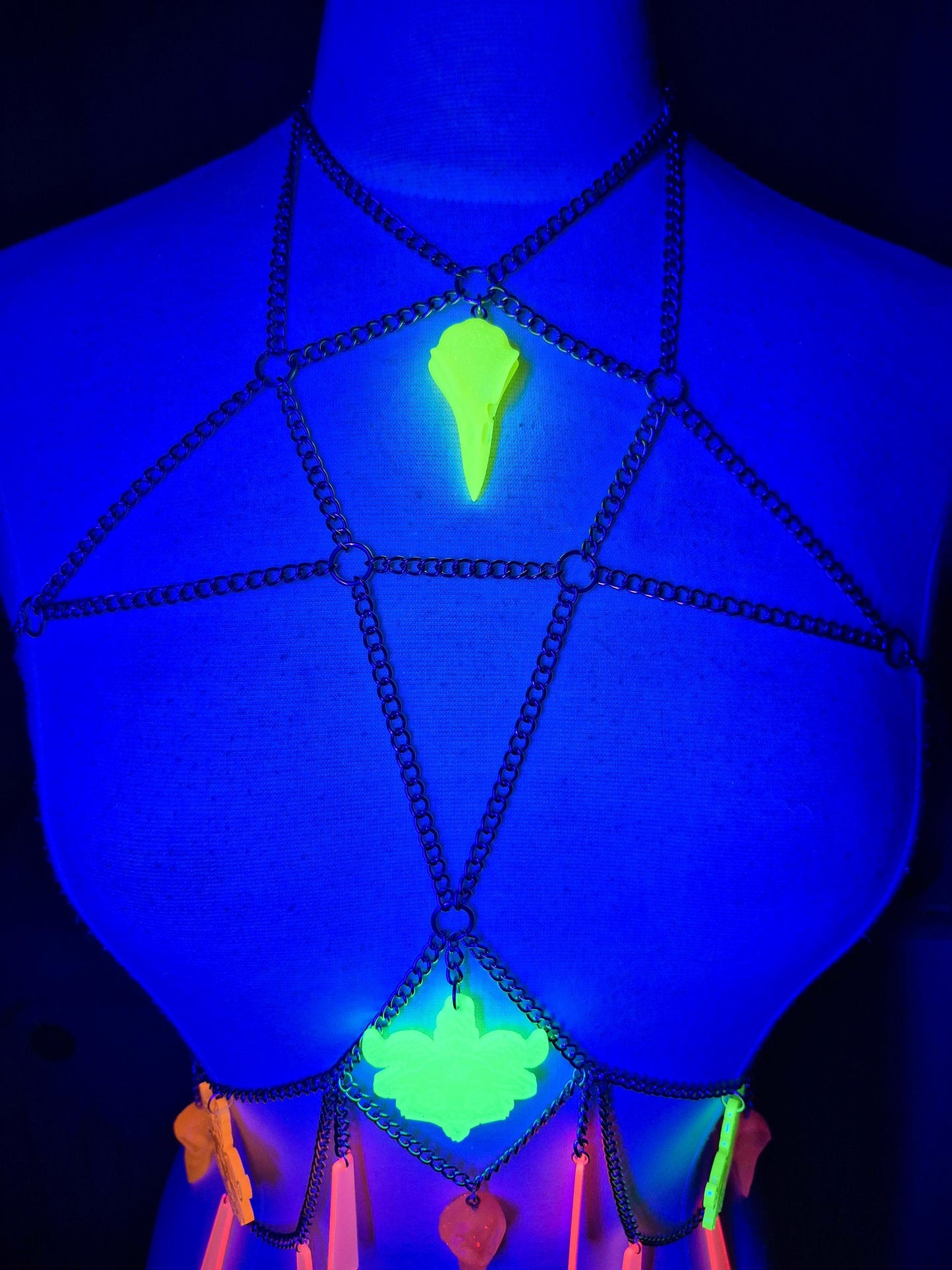 Adjustable Blacklight Reactive Pentagram Goat Head Raven Witchy Body Chain 90's Style