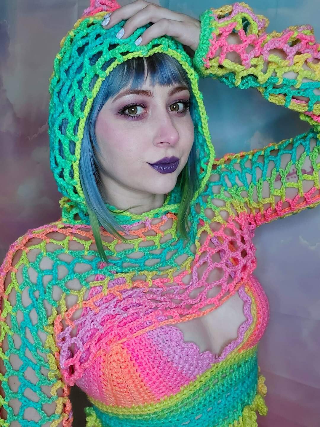 CUSTOM Y2K Mesh Crochet Festival Cropped Hoodie