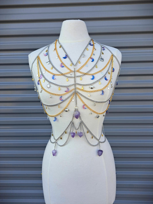 Custom Made Celestial Moonbeam Adjustable Body Chain with real Amethyst