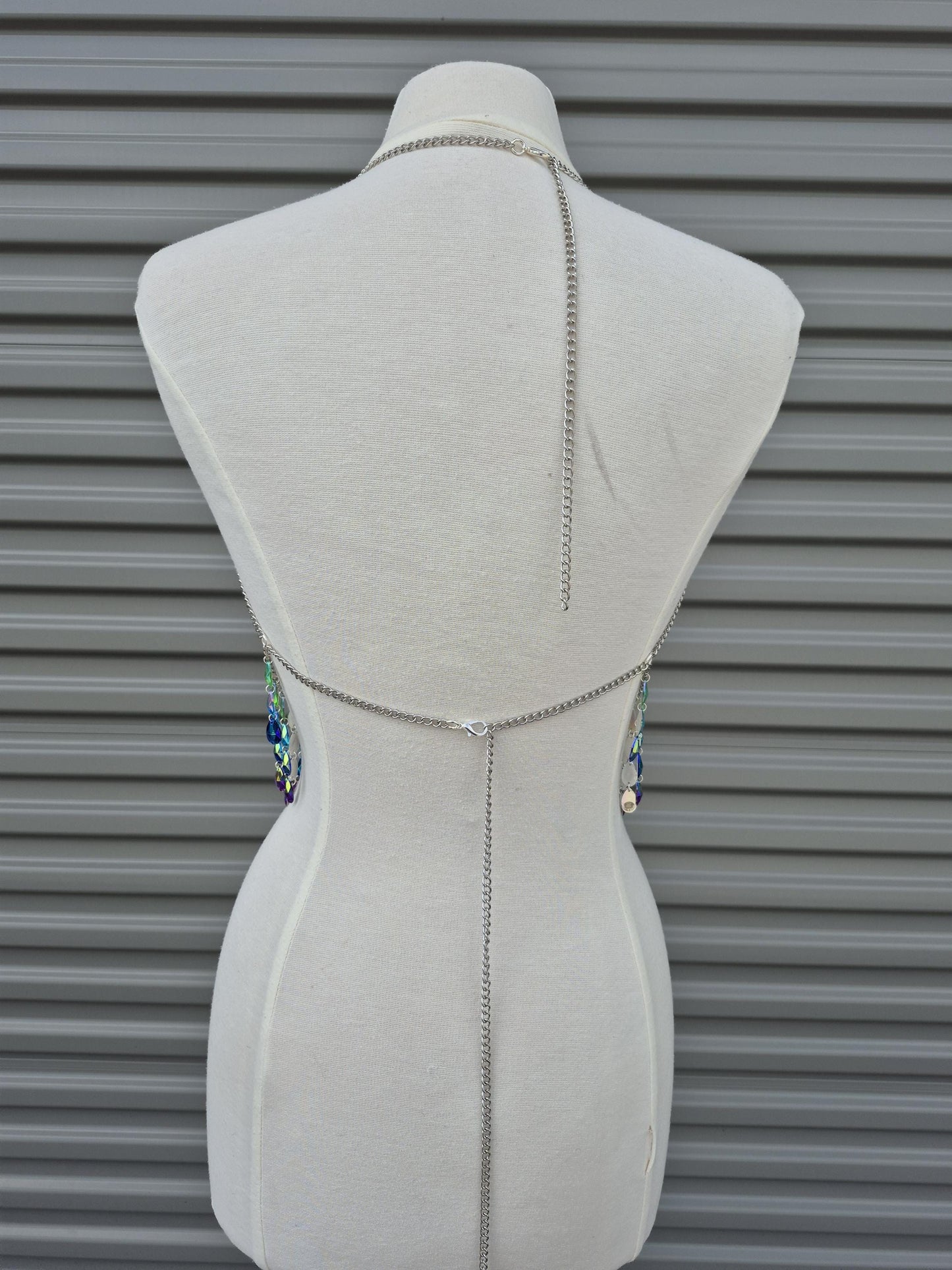 90s inspired rave festival body chain with U/V reactive elements adjustable