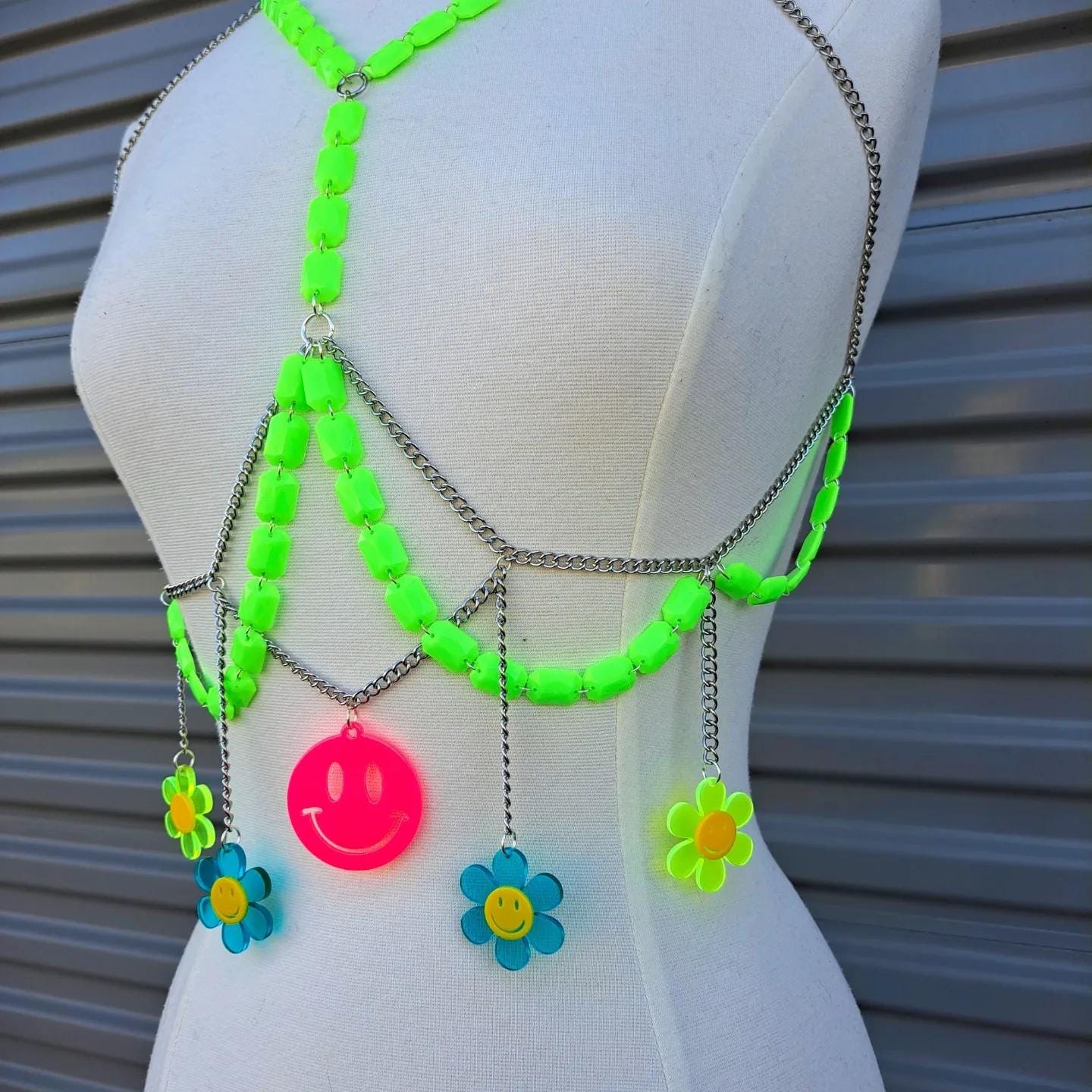90s inspired rave festival body chain with U/V reactive elements adjustable