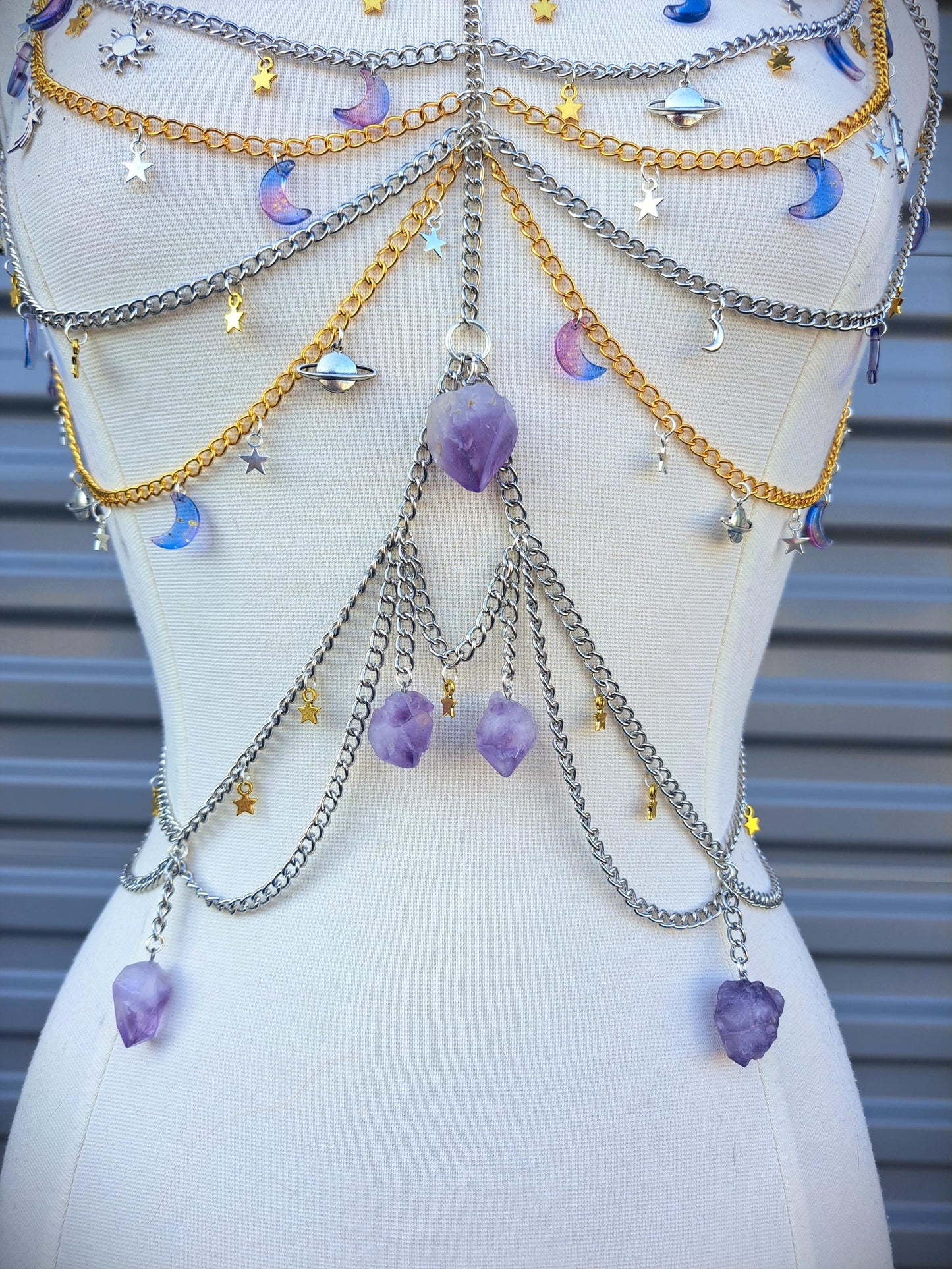 Custom Made Celestial Moonbeam Adjustable Body Chain with real Amethyst