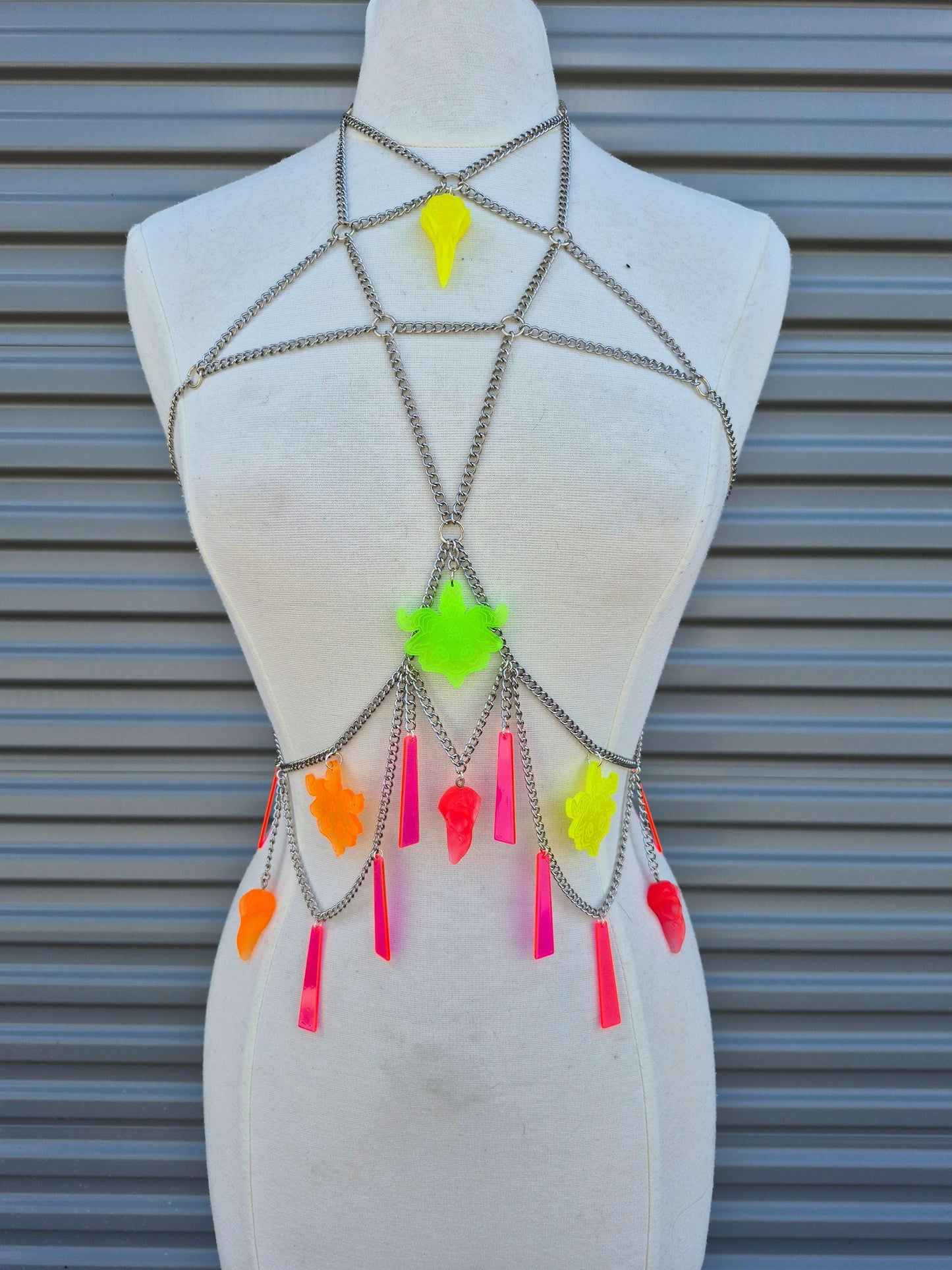 Adjustable Blacklight Reactive Pentagram Goat Head Raven Witchy Body Chain 90's Style